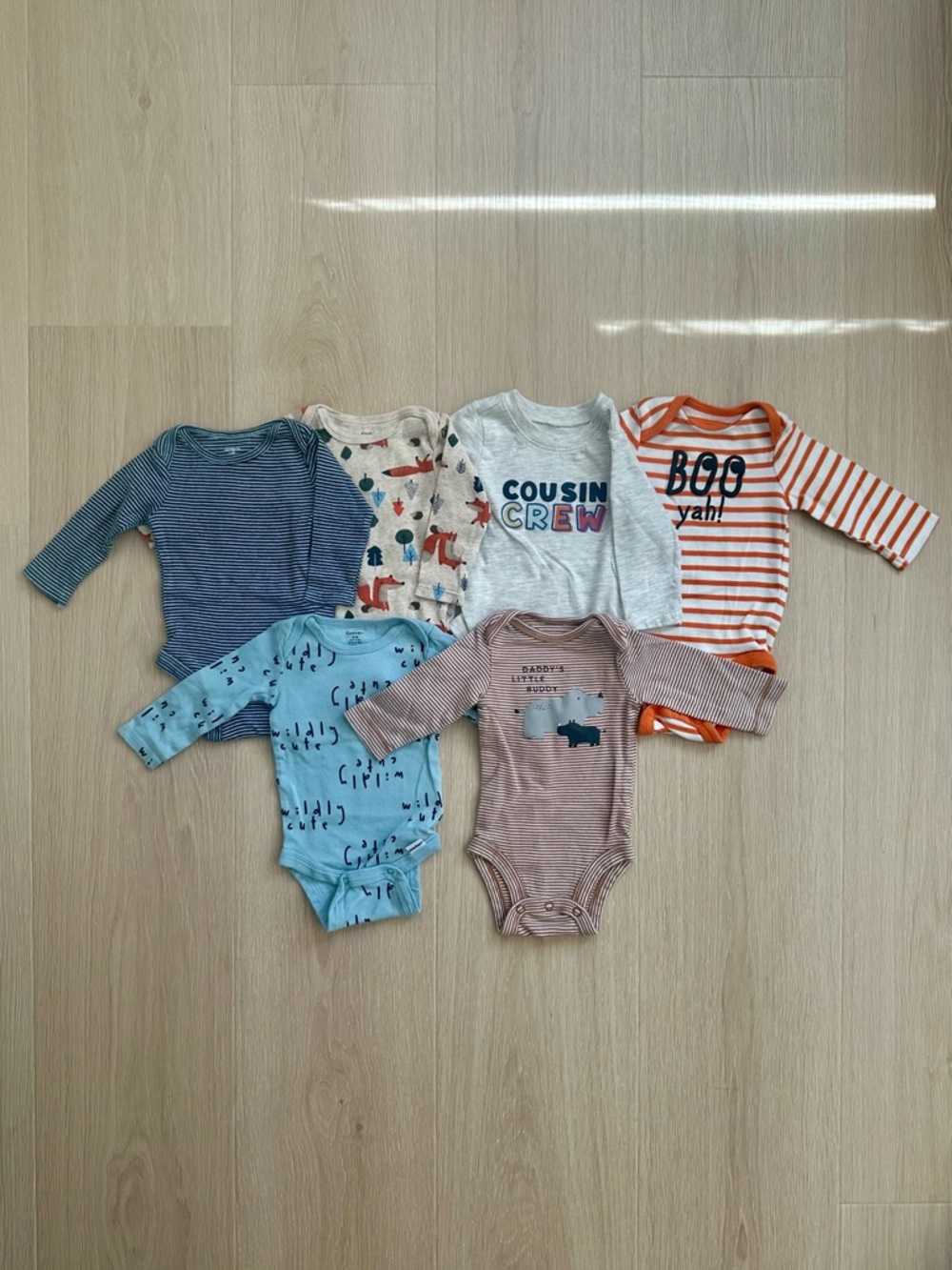 6 Piece Set of Baby Boy One-Piece Bodysuits Assorted 3M Long Sleeve